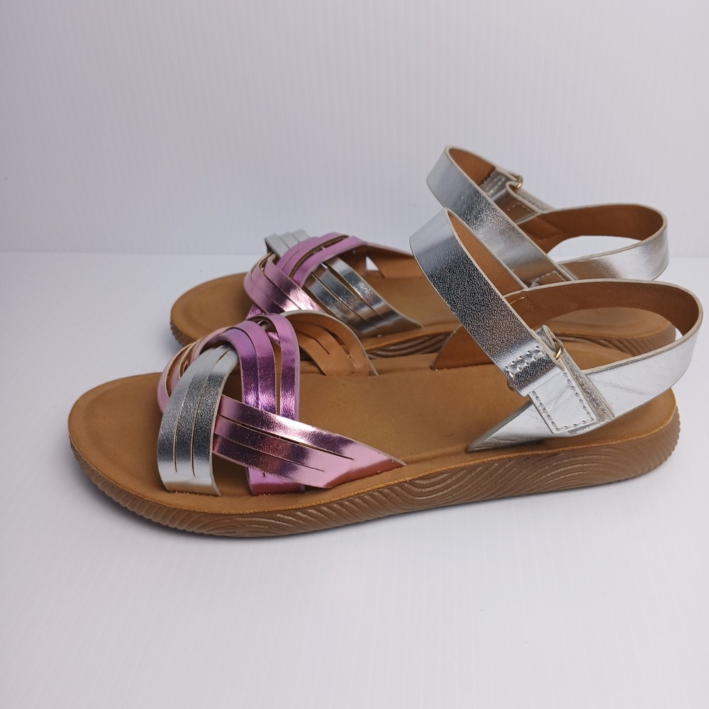 Girls Metallic Strappy Sandals Silver Purple Size 3 Buckle Closure